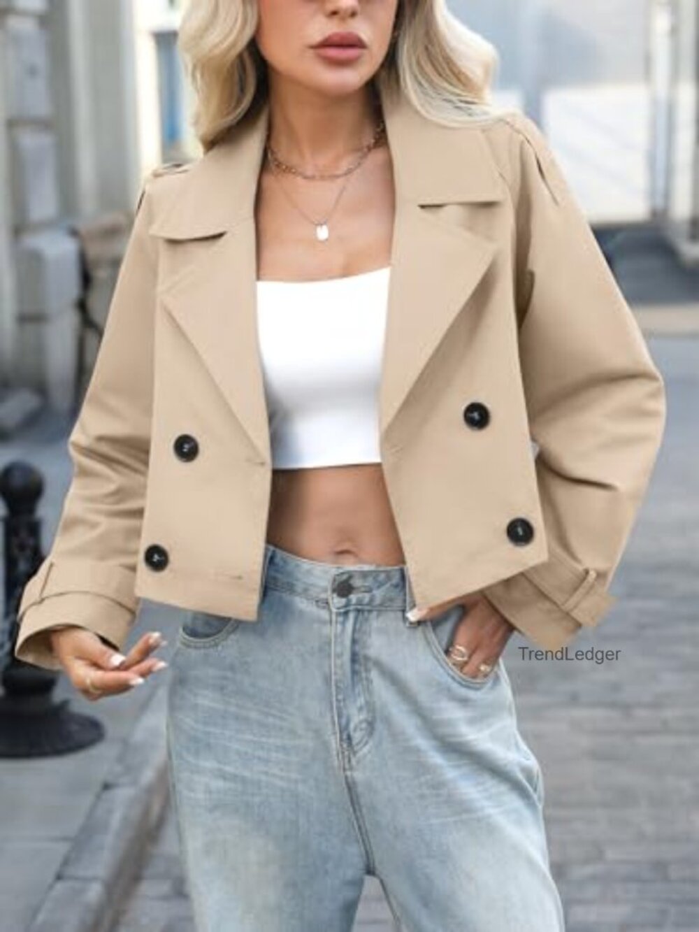 Women's Cropped Trench Coat Polyester Button Down Relaxed Fit Fall Jacket